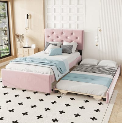 MEUNIQ Gestoffeerd bed 90x200 cm met lattenbodem en uitschuifbaar rolbed, fluwelen bedframe met knopen hoofdbord, eenpersoonsbed voor slaapkamer, roze
