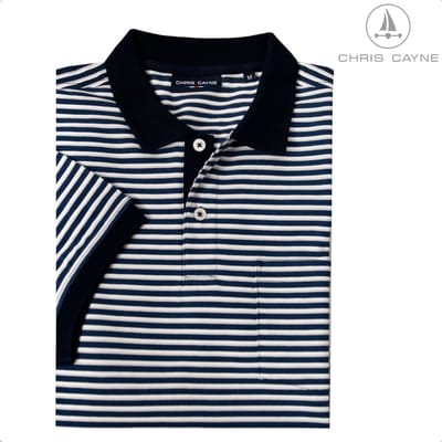 Chris Cayne poloshirt - M - gestreept dessin - blauw/offwhite - luxe kraag en manchetten - pique - stretch - borstzak