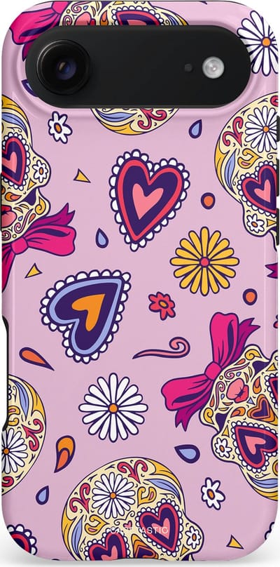 Casetastic hoesje geschikt voor Apple iPhone Air - MagSafe - Dubbellaagse bescherming - Dia de los Muertos Doodshoofd Strik - Fashion Case - Lila Crème Roze