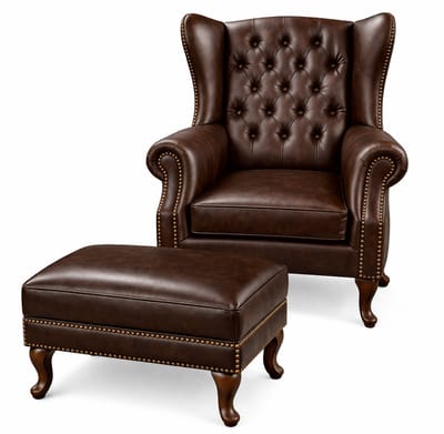 Chesterfield Fauteuil + Hocker - Mokka Bruin - Leer - Stoel Chesterfield - Arm Chair - Lounge Chair - Clubfauteuil - Relaxfauteuil - Loungestoel - Zetel