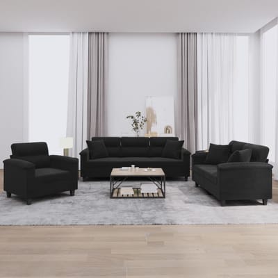vidaXL - 3-delige - Loungeset - met - kussens - microvezelstof - zwart