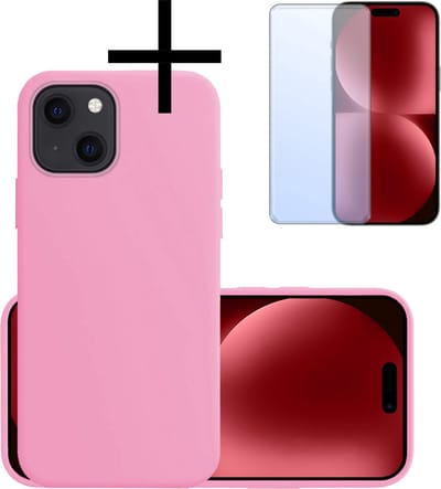 Hoesje - Met Screenprotector - Geschikt voor Apple iPhone 15 - Sterk & Shockproof - Back Cover - Siliconen Case - Telefoon Hoes - Lichtroze