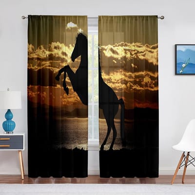 Rennende Strijd Bruine Paarden Dier Chiffon Transparante Gordijnen voor Woonkamer Slaapkamer Decoratie Raam Voiles Tule Gordijn Draperieën 1 PCS W100XH250cm&Grommet Top