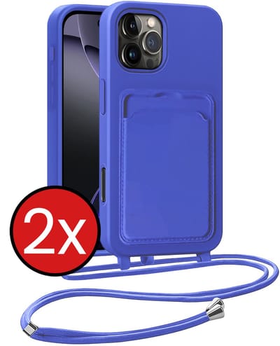 Hoesje Geschikt voor iPhone 16 Pro Hoesje Met Telefoonkoord en Pasjeshouder Siliconen - Hoes Geschikt voor iPhone 16 Pro Hoesje Met Kaarthouder Case - Felblauw - 2 PACK