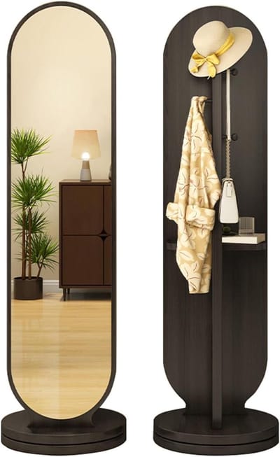 Spiegel met Kapstok - Vloerspiegel Make-upspiegel - Kleding Organiseren - 360 Graden Draaibaar - 160 cm Hoog - Zwart