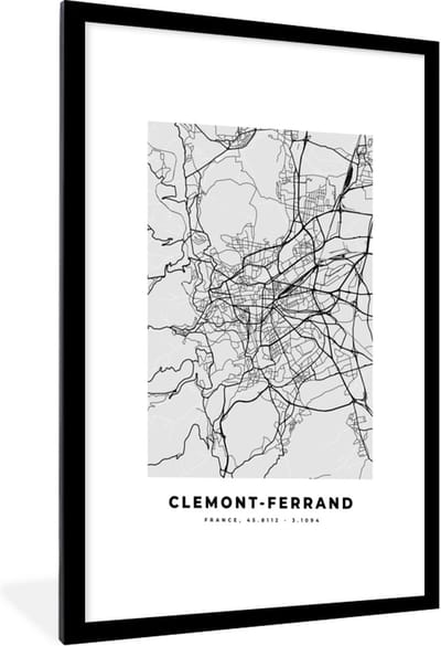 Fotolijst incl. Poster - Frankrijk - Clemont-Ferrand - Stadskaart - Plattegrond - Kaart - 60x90 cm - Posterlijst