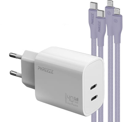 Phreeze usb C oplaadset 40 W - Geschikt voor iPhone 14 13 12 11 X en iPad met Lightning kabel paars - Snellader met 2 kabels