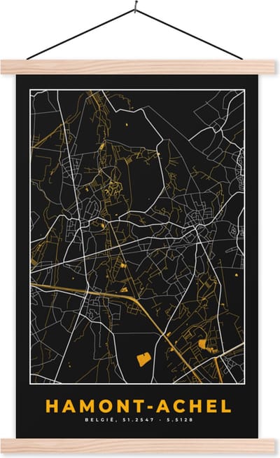 Posterhanger incl. Poster 40x60 cm - Schoolplaat - Plattegrond - Hamont-Achel - Goud - Kaart - Stadskaart - Textielposter - Blanke latten - Stadskaart