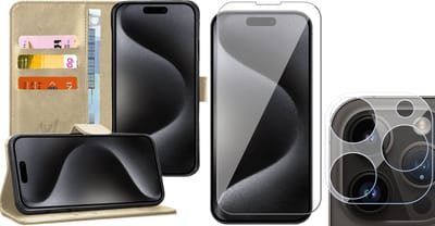 Hoesje geschikt voor iPhone 15 Pro - Screenprotector GlassGuard & Camera Lens Screen Protector - Book Case Kunstleer Pasjeshouder Goud