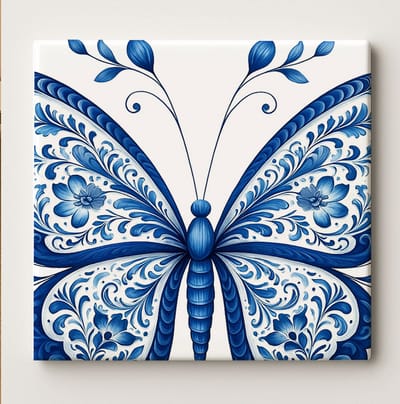 Blauwe Vlinder Tegel 15x15cm – Elegante Delfts Blauwe Keramische Wanddecoratie – Bloemmotief Huisdecoratie – Perfect Cadeau voor Natuurliefhebbers