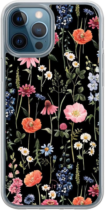 Hoesje geschikt voor iPhone 12 - Dark flowers - 2in1 backcover - Bloemen - Zwart, Multi - Leuke Telefoonhoesjes