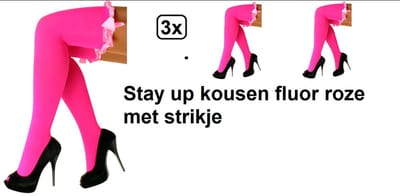 3x Stay up kousen fluor roze met strikje - maat 36-42 - kniekousen fluor roze overknee kousen sportkousen cheerleader carnaval voetbal hockey unisex festival