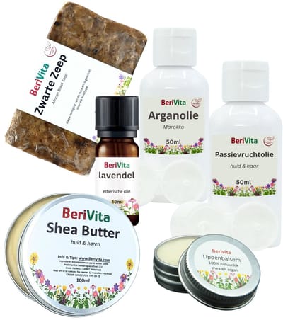 Voordeelpakket BeriVita - Shea Butter 100ml Blik, Lippenzalf 15gr, Arganolie 50ml, Zwarte Zeep 125gr, Passievruchtolie 50ml en Lavendelolie 10ml