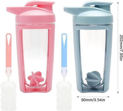 Protein Shaker set van 2 met mixbal, BPA-vrij, dubbellaagse shake beker 500 ml met schaal en deksel, lekvrije sportdrinkfles voor fitness, dieet, mannen en vrouwen (blauw en roze)