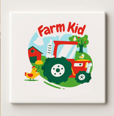 Farm Kid Tractor Keramische Tegel 15x15cm – Schattig Plattelandsontwerp met Boerderij & Dieren – Perfecte Muurdecoratie voor Kinderkamer of Babykamer