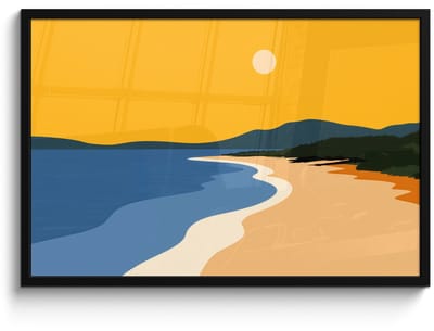 Poster in lijst - Fotolijst 90x60 cm - Posters - Kustlijn - Oranje lucht - Begroeiing - Posterlijst zwart - Decoratie - Wanddecoratie woonkamer - Muurdecoratie slaapkamer