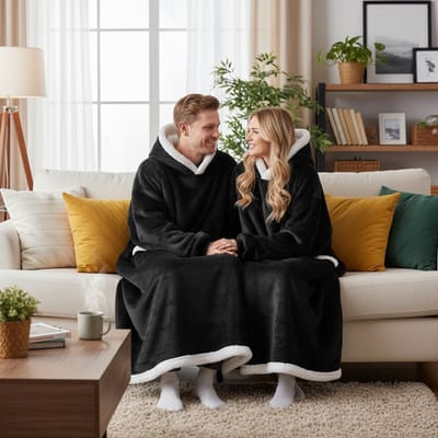 Hoodie Deken - Fleece Deken Met Mouwen – Dames & Heren - 150 cm - Zwart - Deken Met Mouwen Voor Volwassenen