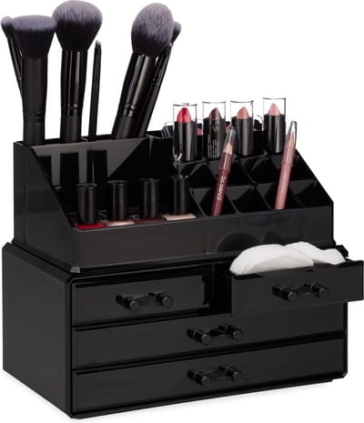 make up organizer - 4 lades - 20 vakken - cosmetica - nagellak - lippenstift houder - 2-delig - zwart