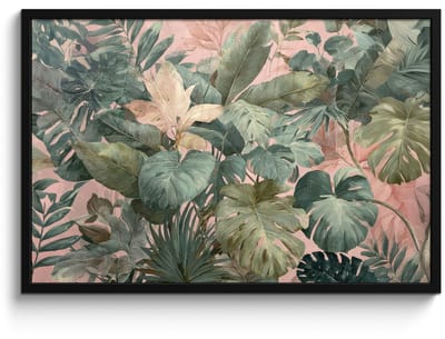 Poster in lijst - Fotolijst 90x60 cm - Posters - Compositie van bladeren - Groen - Roze - Posterlijst zwart - Decoratie - Wanddecoratie woonkamer - Muurdecoratie slaapkamer