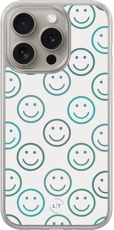 Hoesje geschikt voor iPhone 15 Pro Max - Happy smileys - 2in1 backcover - Print / Illustratie - Blauw - Leuke Telefoonhoesjes