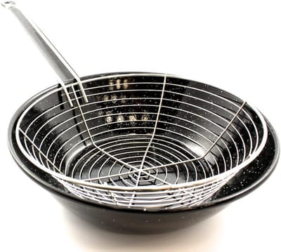 Geëmailleerde Pan met Frituurmand 24 cm – Geschikt voor Inductie, Gas, Keramiek en Elektrisch – Zwart