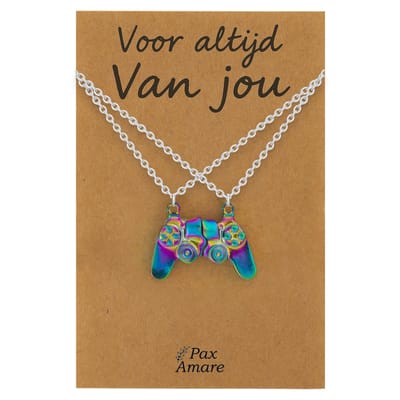 Koppel Ketting voor 2 'Voor altijd van jou' - Magnetische Controller - Vriendschapsketting op Cadeau Kaartje - 45cm + 5cm verstelbaar - Zilverkleurig met Regenboog effect - Persoonlijke Hanger - Pax Amare