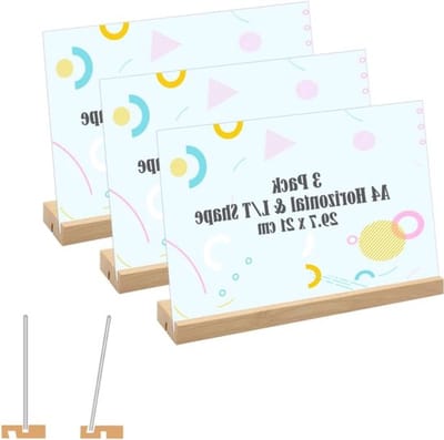 Horizontale A4 Displayhouder van Acryl, 3 Stuks met Houten Basis, Dubbelzijdige Menukaartstandaard voor Kantoor, Thuis en Restaurant - 29.7x21cm, Perfect voor Presentatie en Decoratie