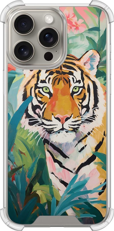 Shockproof hoesje - Geschikt voor iPhone 15 Pro Max - Tijger in de jungle - Extra sterke case - TPU/polycarbonaat - Print / Illustratie - Multi, Transparant