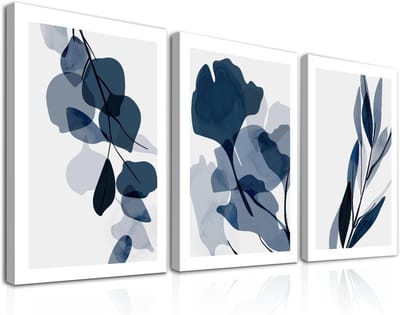 Famanu – Set van 3 canvas wanddecoraties - botanisch - blauw bloemen - waterverf - slaapkamer - woonkamer