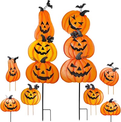 Juegoal 2-pack Halloween tuin inzet, gestapelde metalen pompoenen Jack-o-lantaarn gazon decor, werf borden spel outdoor decoratieve pompoen thuis gazon pad oprit decoraties