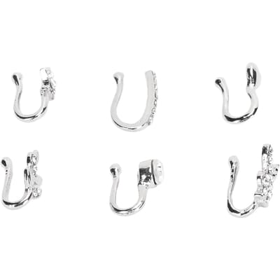 6 stuks Nep Neusring Hoop Clip On Roestvrij Staal Hypoallergeen Pijnloos Maat Verstelbaar Nep Neus zilver