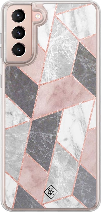 Casimoda® hoesje - Geschikt voor Samsung Galaxy S21 Plus - Stone grid marmer / Abstract marble - 2-in-1 case - Schokbestendig - Geometrisch patroon - Verhoogde randen - Paars, Transparant