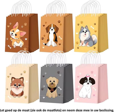 12 Papieren Zakjes - Honden – 6 designs - 2 stuks per design - 21x15x8cm – Gift Bag – Geschenkzakjes – Cadeau – Cadeauzakjes - Fournituren - Traktatie - Snoep - Koek - Dogs - Dog - Bot - Hondenpoot