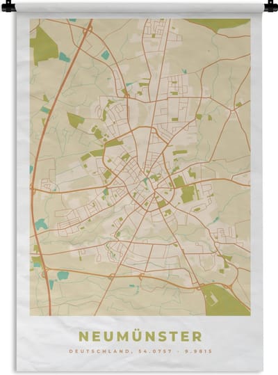 Wandkleed - Wanddoek - Plattegrond - Neumünster - Kaart - Stadskaart - Vintage - 120x180 cm - Wandtapijt