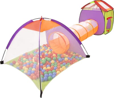 Selonis 3in1 speeltent met tunnel speeltuin popup ballenbad met 200 ballen voor kinderen, veelkleurig:geel/groen/blauw/rood/oranje