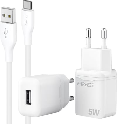 Phreeze usb lader 5V 1A - Usb C naar usb kabel 1m - Usb stekker voor gsm tablet accessoires - Universele usb oplaadblokje 5w