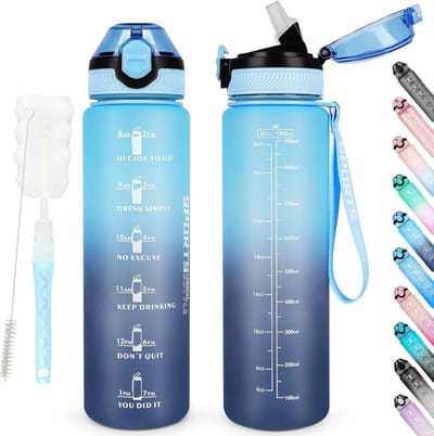 Famanu - Waterflessen van 1 l, BPA-vrij, sportdrinkfles met rietje, vaatwasbestendig, vergrendelbaar dopje, lekvrij, motiverende fles met tijdmarkeringen, niet giftig, veldfles, Haze Blue