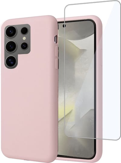 Geschikt voor Samsung Galaxy S24 Ultra - Hoesje + Screenprotector – Gehard Glas Cover - Suède Case Rose