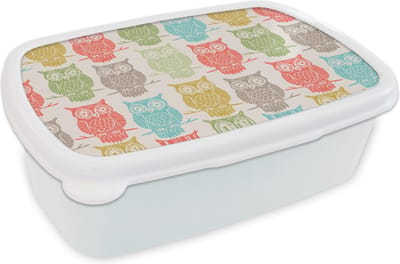 Broodtrommel Wit - Lunchbox - Brooddoos - Patronen - Uil - Vogels - 18x12x6 cm - Volwassenen
