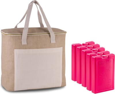 Grote strand koeltas jute/canvas 20 liter en 38 x 32 x 16 cm met 5x stuks 1000 grams koelelementen roze