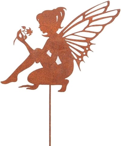 Metalen Fee Sculptuur - Zittende Elf - Tuindecoratie - Roestlook - Tuinbeeld voor tuin, terras, balkon - Bloempot
