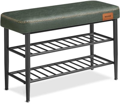 Schoenenbank met Zitting – Groen Kunstleer & Zwart Metaal – Industrieel Halbank– Met 2 Legplanken – 30x80x50cm