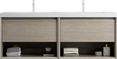 Merax Badkamermeubel 140 cm - Hangend Wastafelmeubel met Dubbele Wastafel - Licht Eiken Houtnerf - 2 Lades en 2 Open Vakken