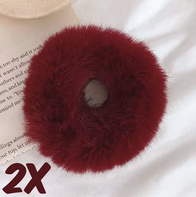 SilverAndCoco® - 2 Rode Nep Bont Elastieken | Fluffy Dik Zacht Haar Elastische Elastiek | Kunstbont Wollen Bonten Fur Haarband Scrunchie | Glamour Diadeem Dames Kerst Feest Oud en Nieuw Haarbanden - Rood