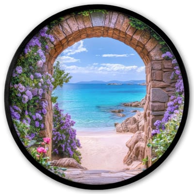Poster in lijst Rond - Fotolijst 40x40 cm - Posters - Doorkijk - Poort - Zee - Strand - Rotsen - Ronde posterlijst zwart - Decoratie - Wanddecoratie woonkamer - Muurdecoratie slaapkamer
