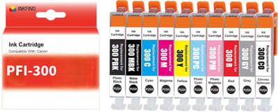 INKFIND PFI-300 Inktcartridge compatibel met Canon PFI-300 voor Canon image PROGRAF PRO-300 PRO300 - 10-pack (Foto Zwart + Mat Zwart + Cyaan + Magenta + Geel + Foto Magenta + Foto Cyaan + Rood + Grijs + Chromar Optimizer)