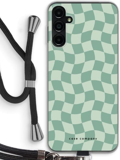 Case Company® - Hoesje met koord geschikt voor Samsung Galaxy A14 hoesje met Koord - Grid Groen - Telefoonhoesje met Zwart Koord - Bescherming aan alle Kanten en Over de Schermrand