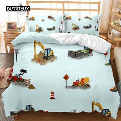 Techniek Auto Dekbedovertrek Bouwvoertuig Beddengoedset Jongens Graafmachine Kiepwagen Cementmolen Wals Polyester Dekbedovertrek EU Double(200x200cm)