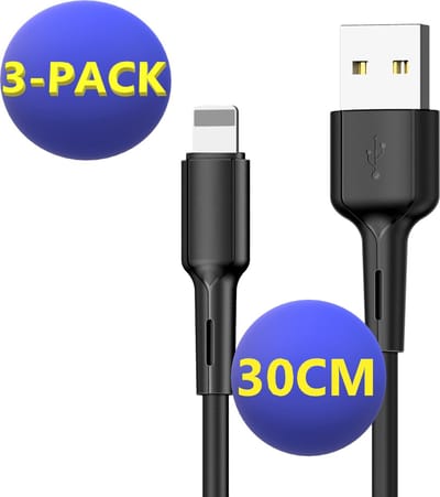 3x Korte Datakabel - 30 CM - Geschikt voor Apple Carplay, iPhone - Oplader Kabel - Kunststof - Versterkt - Zwart - Auto USB Kabel