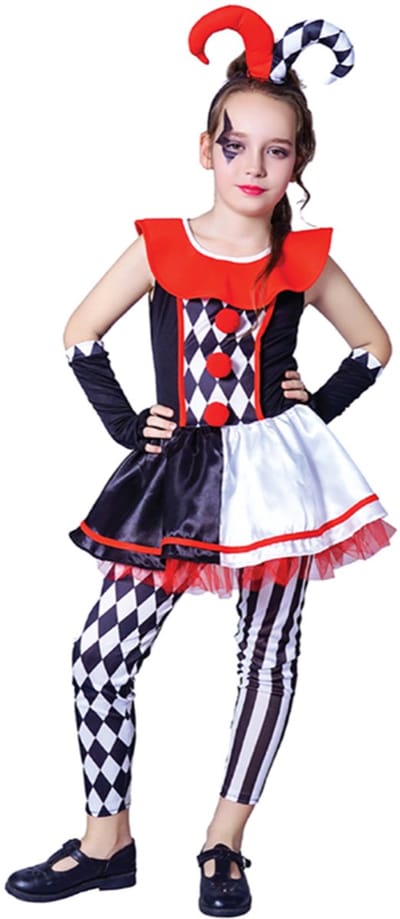 Kostuum Meisjes Joker – 4-6 Jaar – Inclusief Jurk, Broek, Haarband en Mouwen – Carnaval & Verkleedkleding